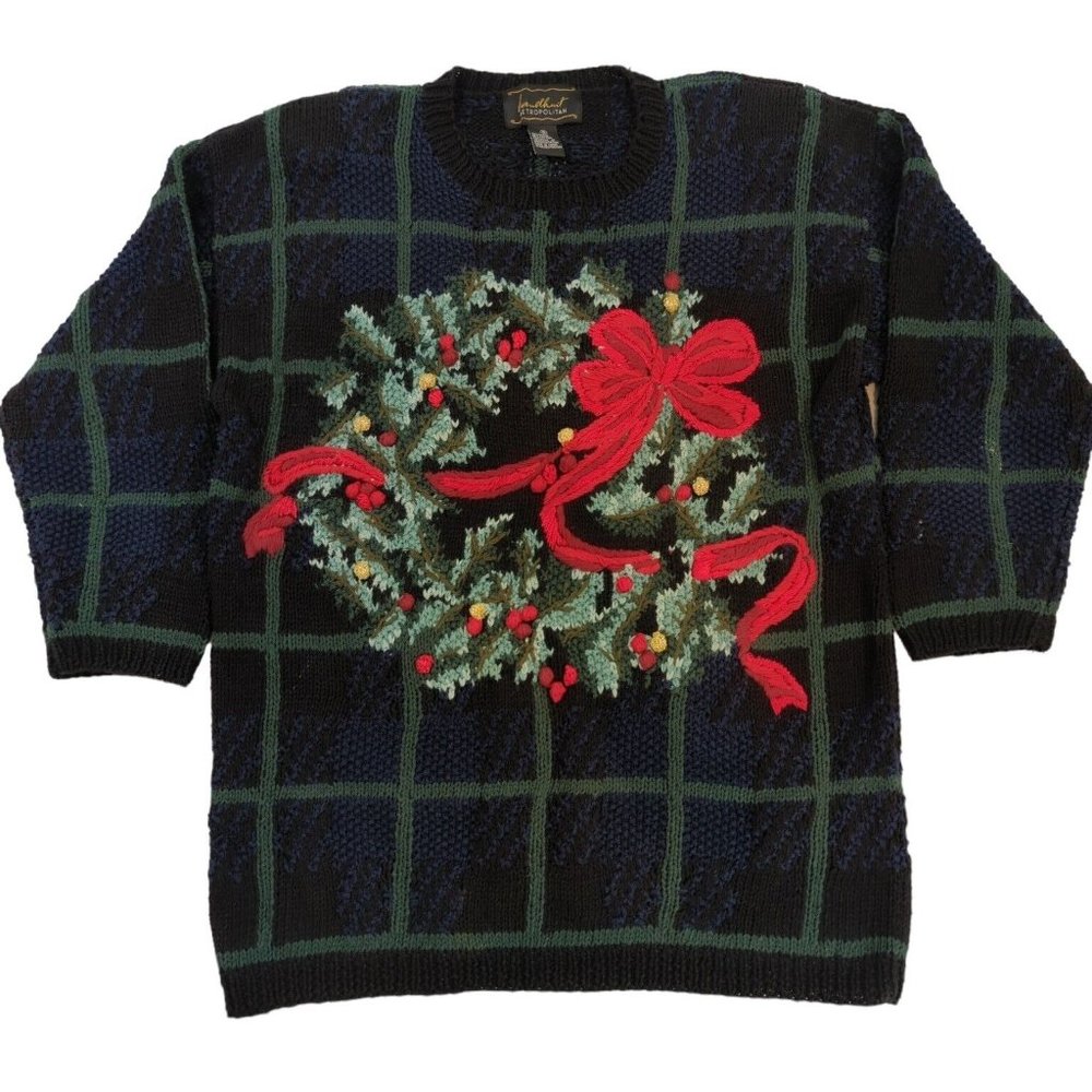 80's VNTG Handknit Metropolitan Womens Christmas Theme Red Sweater Dress Size S